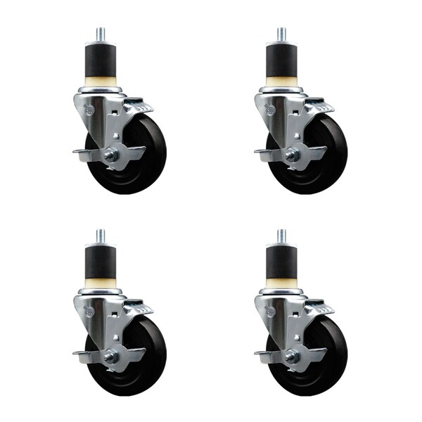 4'' SS Soft Rubber Swivel 1-7/8'' Expanding Stem Caster Set with Brake, 4PK